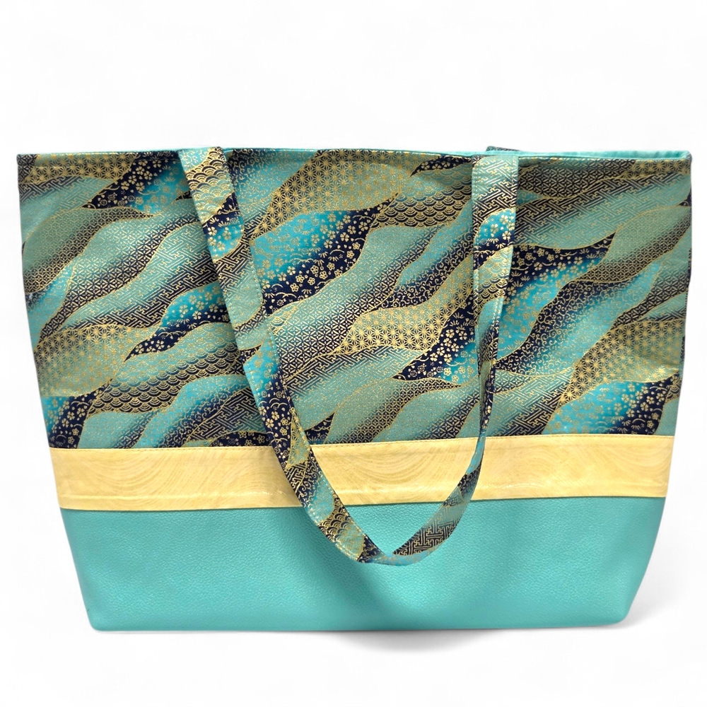Japanese Wave Print Tote Bag | Teal & Gold Metallic Shoulder Bag w/Zipper Pouch